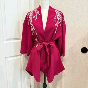 NATORI Magenta Floral Embroidered Robe Wrap Kimono Belted Silk Blend - XS